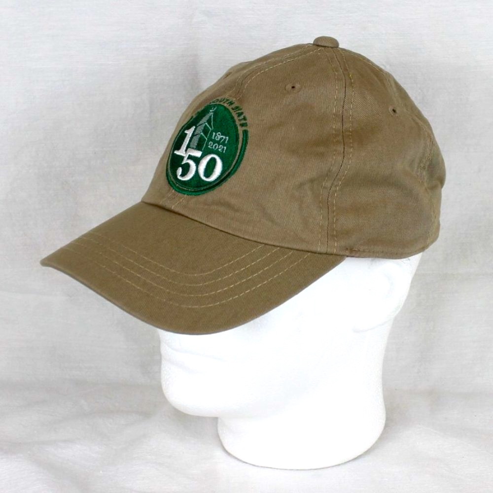 PLYMOUTH STATE Tan & Green Baseball Hat Adjustable Back Cap 150 Anniversary Logo